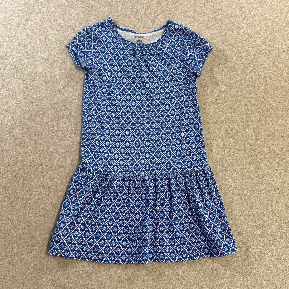 Carters‎ Dress Girls 6/6x Blue White Geometric Floral Drop Waist Short Slv